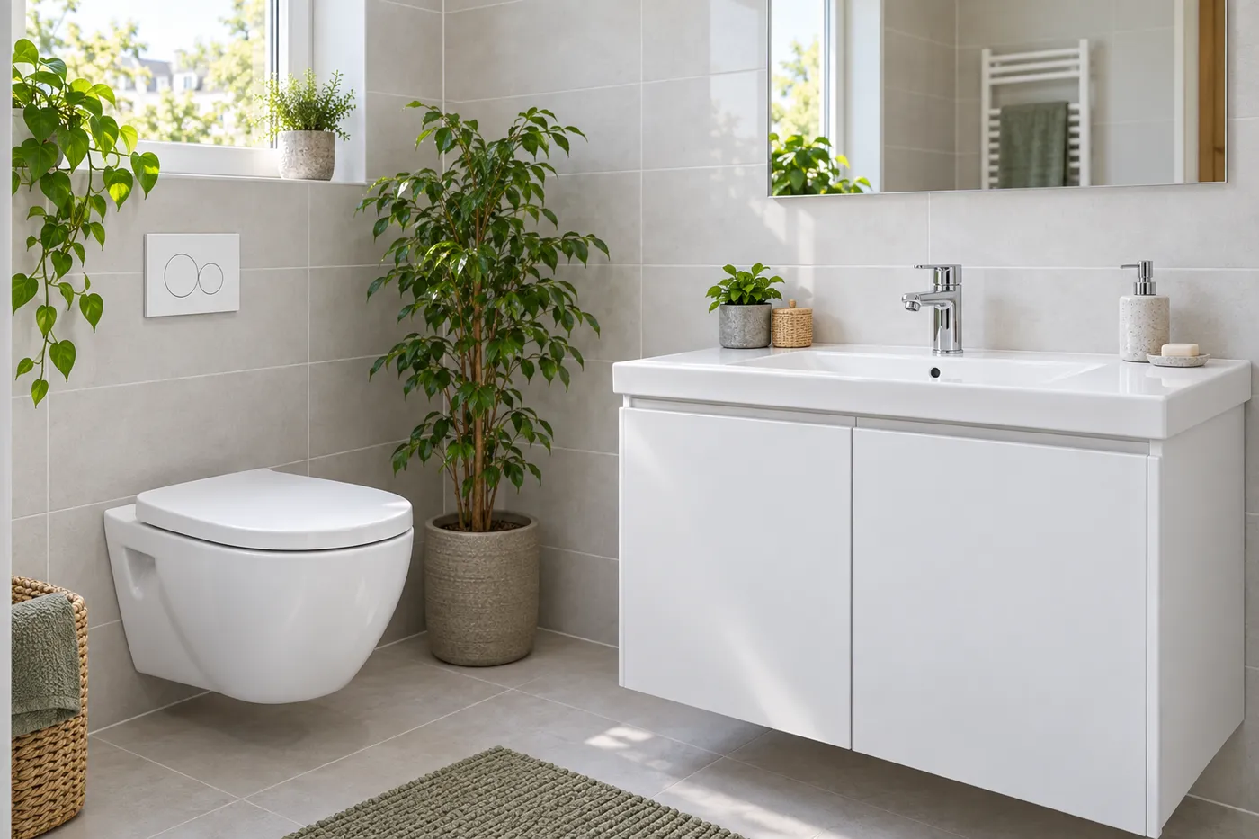 Salle de bains rénovée avec WC suspendu neuf et meuble vasque en Essonne